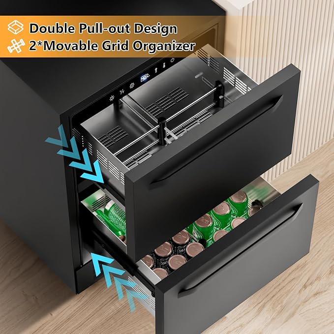 24 Inch Under Counter Dual Drawer Beverage Fridge, Weather Proof Outdoor Beverage Refrigerator for Patio, Stainless Steel Built-in Beverage Cooler for Home & Commercial Use, Black - Image 5
