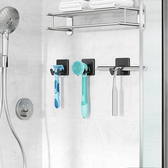 Adhesive Shower Hooks for Inside - Extra Sticky Stainless, Razor Holder Shower Accessories, Wall Mounted Self-Adhesive Double Hooks for Razor, Loofah, Towel, Shaver, Coat, Key, Matt Black, 4-Pack - Image 6