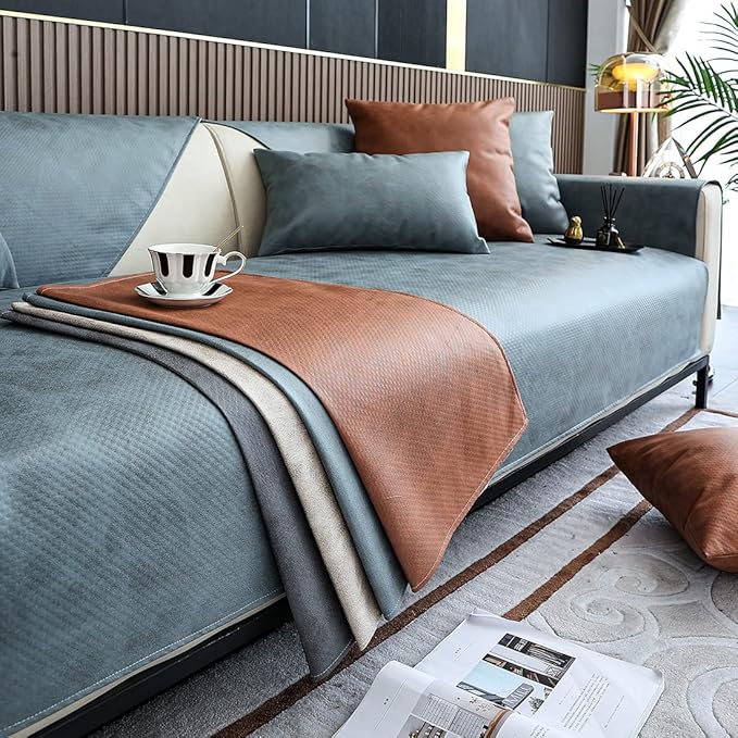 Faux Leather Waterproof Couch Sofa Cover Vintage PU Sectional Couch Cover Non Slip Sofa Slipcover Furniture Protector for Kids Dogs Cats (Blue,36"x70") - Image 5