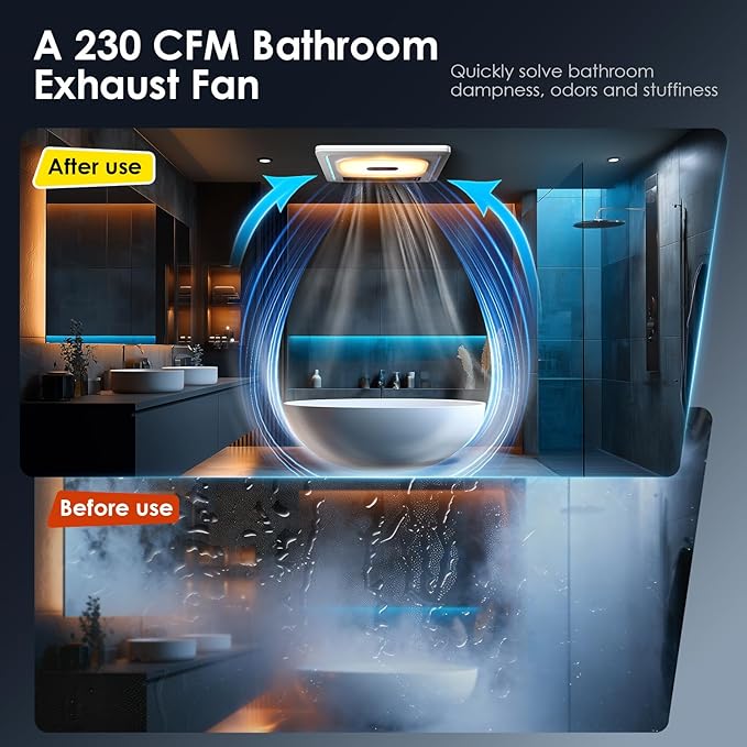BSEED Bathroom Exhaust Fan with Bluetooth Speaker & Heater, 1800W Dual-Heat, 230 CFM, 3CCT+5-Color RGB Light, Negative Ion, Wall Control - Image 4