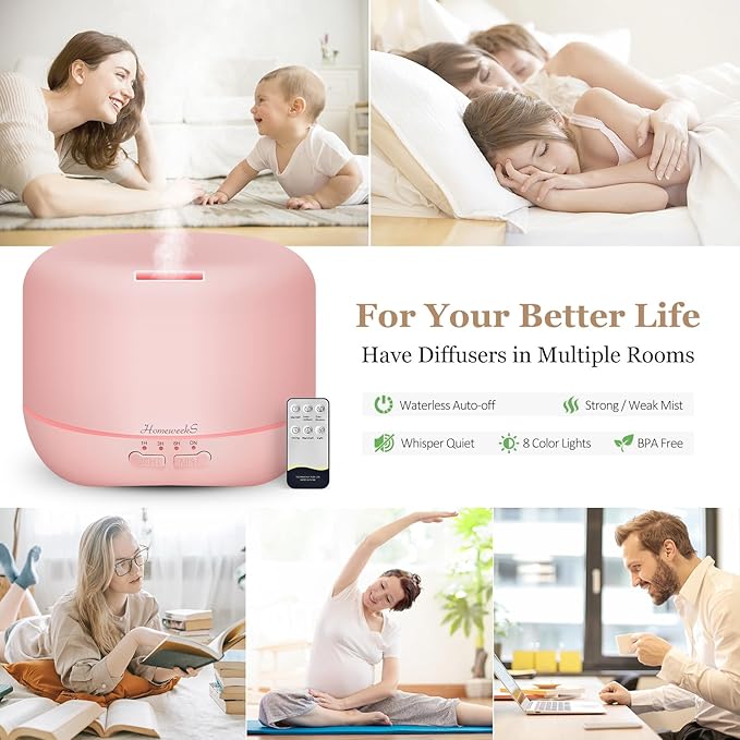 Aromatherapy Essential Oil Diffuser for Room: Air Humidifier Aroma Scent Cool Mist Colorful Lights Cute Small Large Waterless Auto Off Ultrasonic Diffusers for Home Bedroom Pink (300ml) - Image 2