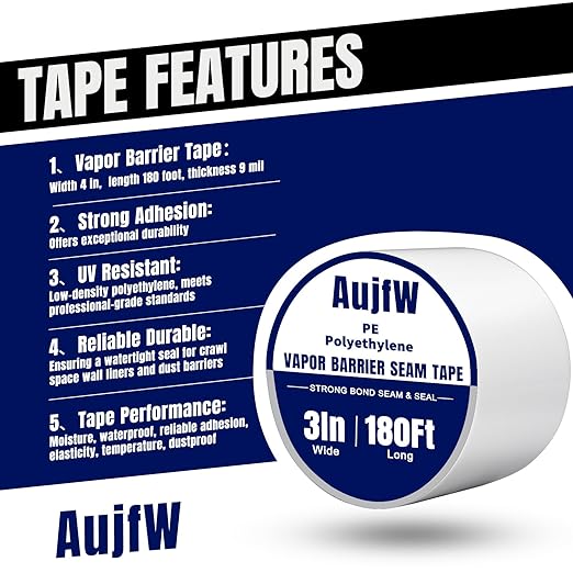 Vapor Barrier Tape, 3" Wide x 180' Long, 6 Roll, Polyethylene Tape, for Moisture Barriers and Crawl Spaces, Waterproof Seal and Seam Tape for Underlayment, Insulation and Plastic Liners - Image 3