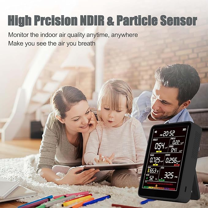Professional Indoor Air Quality Monitor with AQI Alarms, Portable Real-Time Detector for Home Cars Plants and Pets (Glossy Black) - Image 8