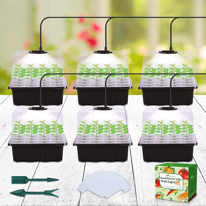 Seedfactor Seed Starter Tray with Light, 6PCS Seed Starter Kit with Grow Light, Seedling Starter Trays with Humidity Domes, Covers Height 3.9", Indoor Gardening Plant Germination Trays by Seedfactor