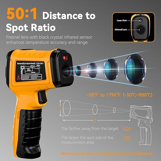 Infrared Thermometer Temperature Gun, 50:1 Dual-Mode Temp Gun -58°F to 1796°F with K-Type Thermocouple for Internal Readings, for Kilns, Industrial, and HVAC Applications - Image 2