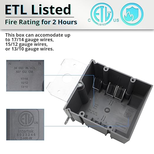 MAKERELE 2 Gang Adjustable Outlet Box, 34Cu.in. Plastic Electrical Box, Grey PVC Adjustable Junction Box, ETL Listed, Fire Rated for 2 Hours(6 Pack) - Image 4