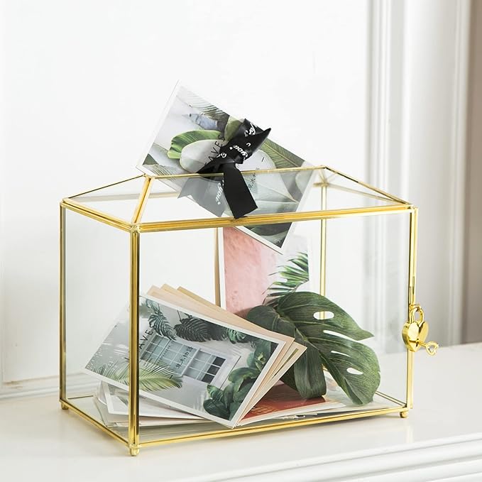 Glass Wedding Card Box with Slot, Large Clear Card Box 10.2 inch Gold Brass Gift Card Storage Box with Lock for Wedding Receptions, Baby Shower, Birthday Party, Bridal Shower by Giadun