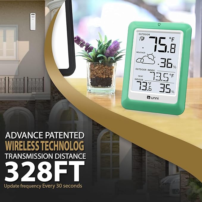 Indoor Outdoor Thermometer Wireless, Temperature Humidity Monitor Battery Powered Inside Outside Thermometers with 330ft Range Remote Sensor(Green) - Image 2