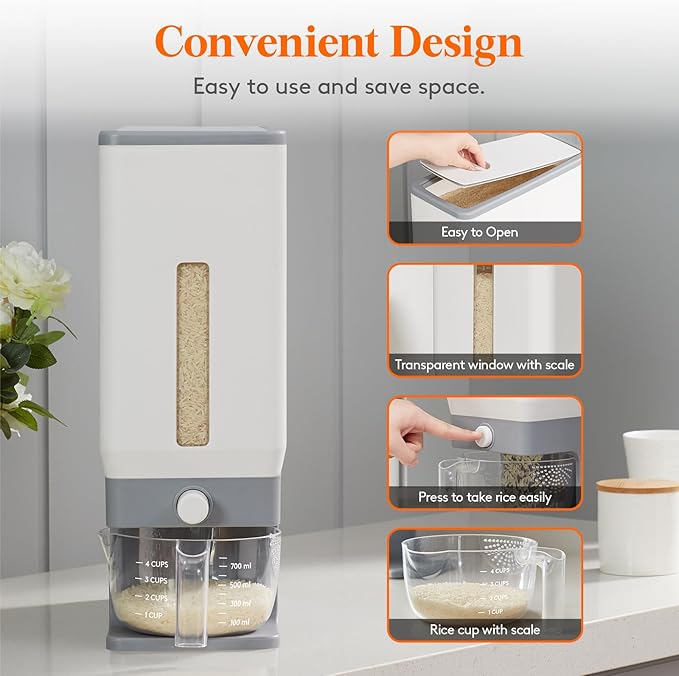 Lifewit 2 Pack Rice Dispenser 25 Lbs(11.3kg), Rice Storage Container Sealed Moisture Proof with Measuring Cup for Kitchen Pantry Household, BPA-Free, Grey - Image 6