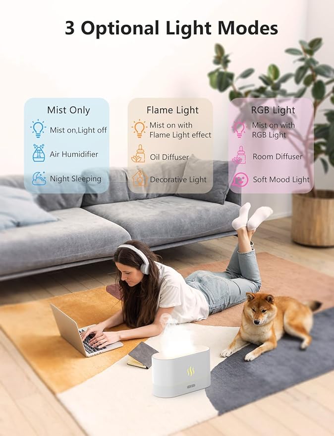 Essential Oil Diffuser, Air Humidifier with Flame Led Light - 7 Colors, 180mL Capacity (8 Hours), Noiseless Operation, Auto-Off Protection - Perfect for Home Bedroom Office Gifts(Black) - Image 5