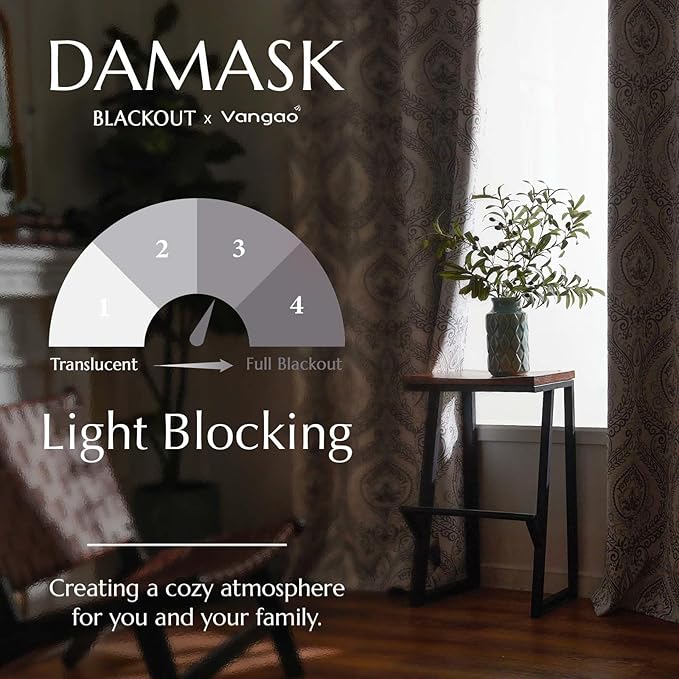 Vangao Damask Curtains 63 Inch Length 2 Panels Gray Paisley Medallion Print Curtains for Bedroom Living Room Darkening Drapes Vintage Retro Linen Textured Window Treatment Grey on Beige - Image 5
