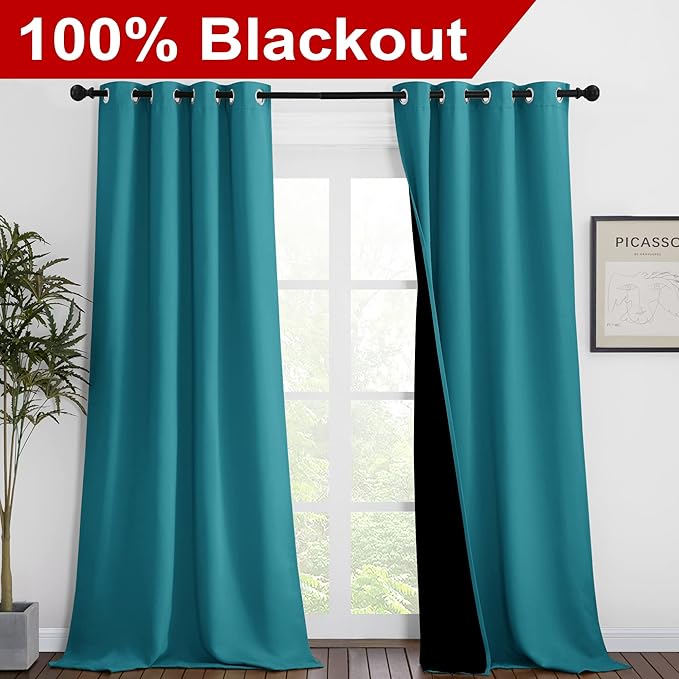 NICETOWN Peacock Teal Blackout Curtains 90 inches Long, Full Light Blocking Drapes with Black Liner for Nursery, Thermal Insulated Draperies for Hall, Villa (2 Pieces, 46" Wide Each Panel) - Image 2