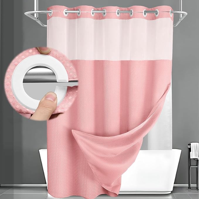 No Hook Shower Curtain and Liner Set,Pink Hotel Waffle Shower Curtain with Liner 75" L x 72" W by Unknown