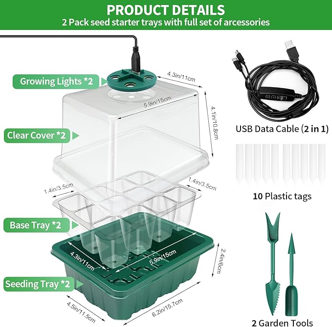 Seed Starter Tray with Plant Light, 2 Pack Grow Lights for Seed Starting Kit with Humidity Domes, Timing Controller Adjustable Brightness for Greenhouse Propagator Station Planting Growing - Image 3