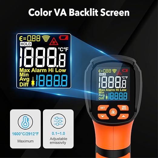 MESTEK Infrared Thermometer Temperature Gun -40℉~2912℉, High Temp Thermometer with Thermocouple Probe, Non-contact Digital Laser Thermometer Gun 50:1 Pyrometer for Industrial HVAC Forge Metal Smelting - Image 5