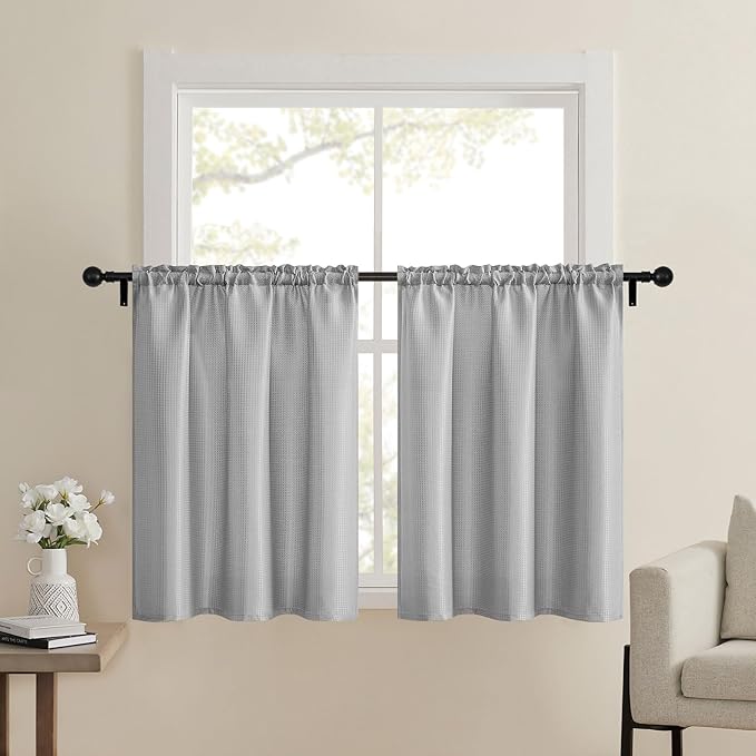 Home Queen Grey Waffle Bathroom Window Curtains, Short Water Repellent Rod Pocket for Small Kitchen Window, 24 W X 36 L Inch Each by HomeQueen