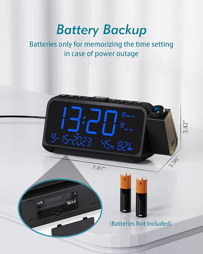 Roxicosly Projection Alarm Clock for Bedroom Ceiling, 118 dB Super Loud for Heavy Sleepers, 6.7" Large Digital Dimmable Display with Day Date Indoor Temp Humidity, Dual Alarms Adjustable Volume - Image 7