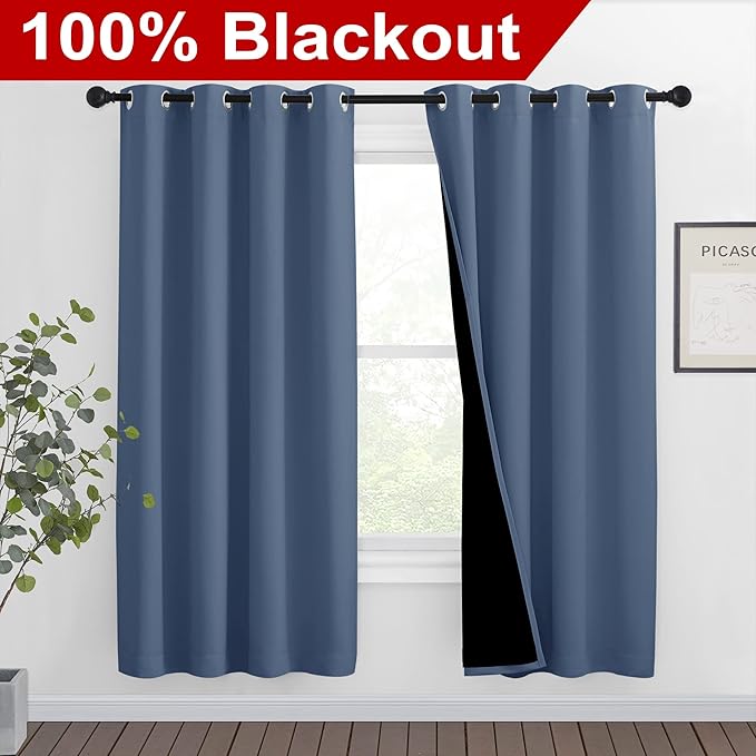 NICETOWN Full Shade Curtain Panels 72 inches Long, Pair of Energy Smart & Noise Blocking Out Blackout Drapes for Guest Room Window, Thermal Insulated Lined Window Dressing (Stone Blue, 46 inch) - Image 2
