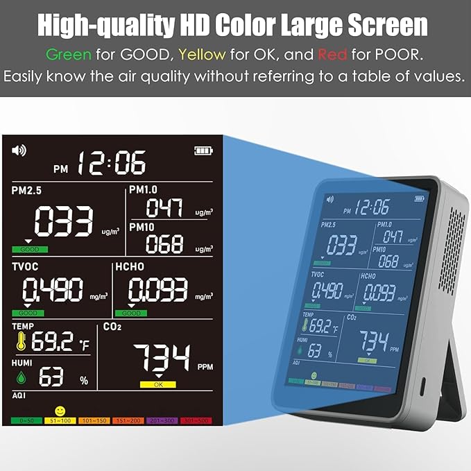 Professional Indoor Air Quality Monitor with AQI, Portable Real-Time Detector for Home Cars Plants and Pets (Smog Gray) - Image 4