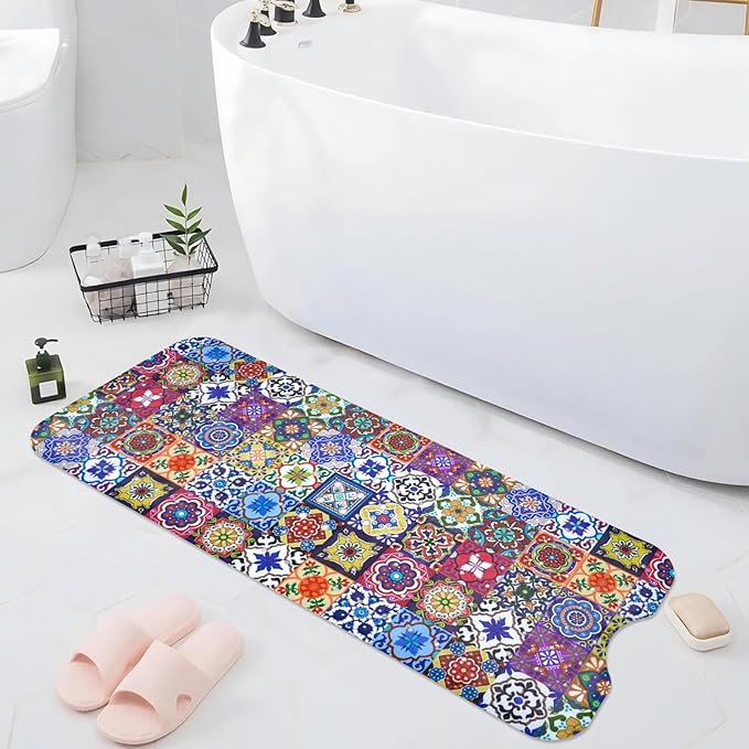 Boho Bathtub Mat Non Slip, Vintage Bath Tub Mat Baby Bath Mats for Bathroom Anti Slip Shower Mats for Inside Shower, Colorful Floral Bathmat with Suction and Drain Holes Machine Washable, 40″x16″ - Image 6