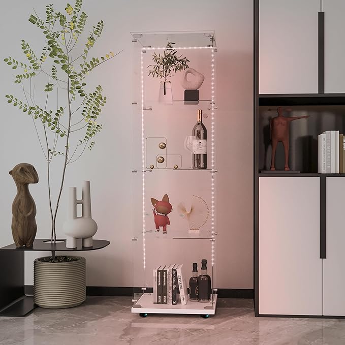Yoluckea 4 Tiers Glass Display Cabinet with Bluetooth LED Light Strip, 1 Door Floor Standing Curio Cabinet with Universal Wheel for Home Office Display, White Glass Bookshelf for Collections,Clear Top - Image 6