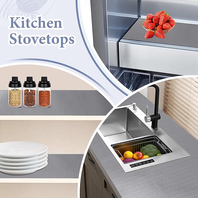 Drawer and Shelf Liner for Kitchen Cabinet: 17 in X 20 Ft Non Slip Waterproof Shelf Paper Non Adhesive Refrigerator Liners Gray Easy Liners for Bathroom Cupboard with Knife Tape Measure - Image 6