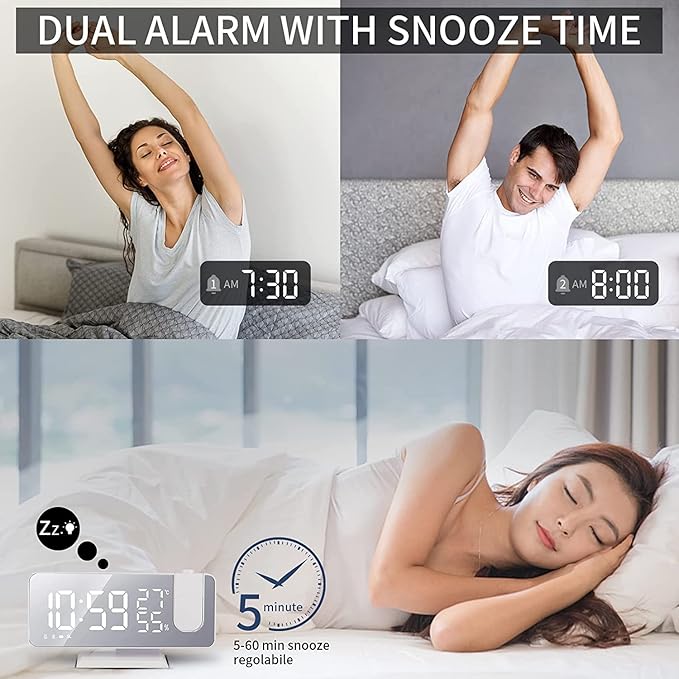 Projection Digital Alarm Clock for Bedrooms, Clock Radio on Ceiling, USB Charger Port, Temperature & Humidity Display, 7.3” Large Mirror LED Display,12/24H,Snooze,Dual Loud Alarm Clock- 4 Dimmer - Image 5