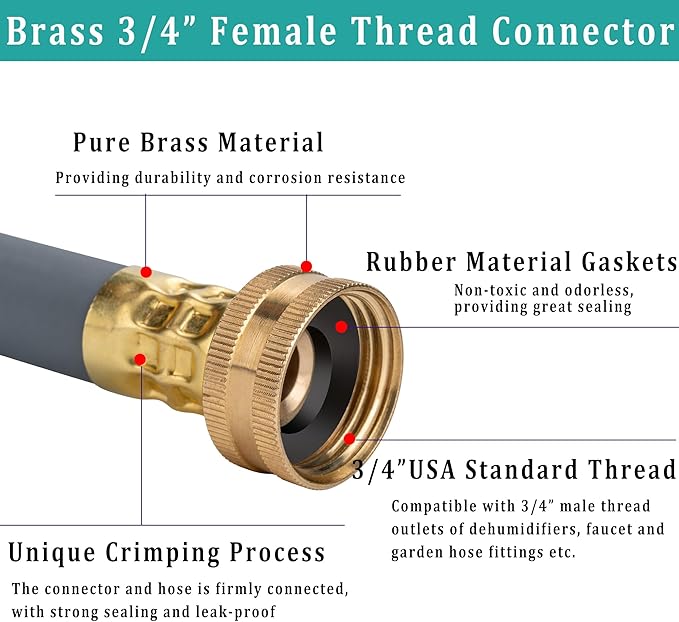 8FT Dehumidifier Drain Hose with 3/4” FHT Brass Rustproof Connector, Versatile Drain Hose Perfectly Compatible with most Dehumidifiers and 3/4” external thread outlet, No Leak (Grey, 8FT) - Image 2