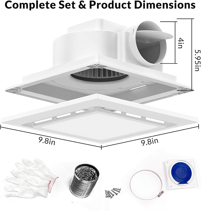 TEPU Bathroom Exhaust Fan with Light 110 CFM, 9.8In Grille, Cutout Size 8.27" x 8.27", Duct 4 Inch, 1.0 Sone Quiet Bath Ceiling Vent Fan Combo with 6500K 1200LM LED Light, for Bathroom, Laundry - Image 7