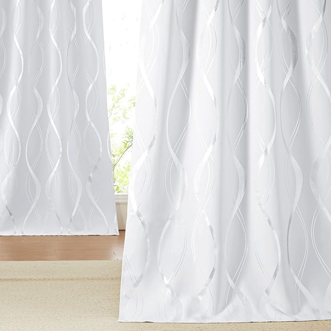 NICETOWN Room Darkening Curtain Panels for Living Room, 52 inches by 90 inches, Greyish White, Home Fashion Decor Foil Printed Wave Lines Thermal Insulated for Bedroom/Nursery by NICETOWN