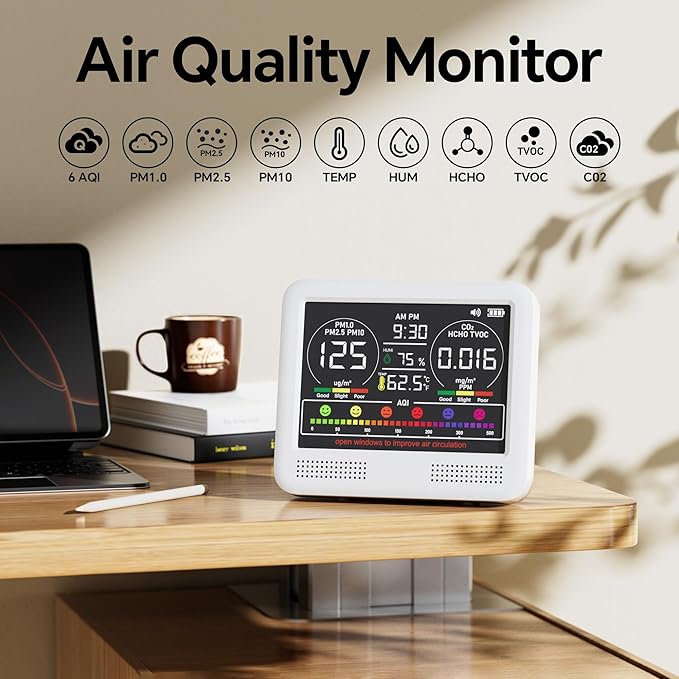 16-in-1 Air Quality Monitor Indoor with 7AQI Beep Alarm, CO2 Monitor, Air Quality Detector with PM1.0 | PM2.5 | PM10 | Temp | HUM | Formaldehyde | VOC Tester for Home Office Plant - Image 2