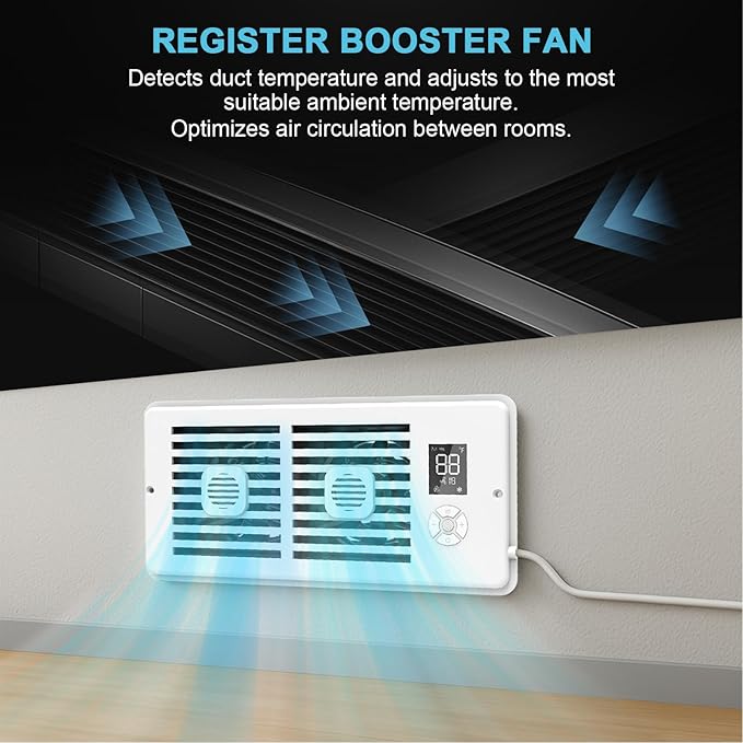 Register Booster Fan for 4" x 12" Vents Only,10 Speeds to Control Cool & Warm Airflow, Air Conditioning Vents with LED Screen Remote & Thermostat Control, for Room Walls & Floors (White) - Image 2