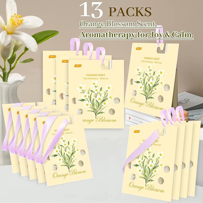 13 Packs Orange Blossom Scented Sachets for Drawer and Closet, Long-Lasting Car Air Freshener Sachet Bags, Drawer deodorizers Fresh Scents, Fragrance Bedroom Essentials - Image 6
