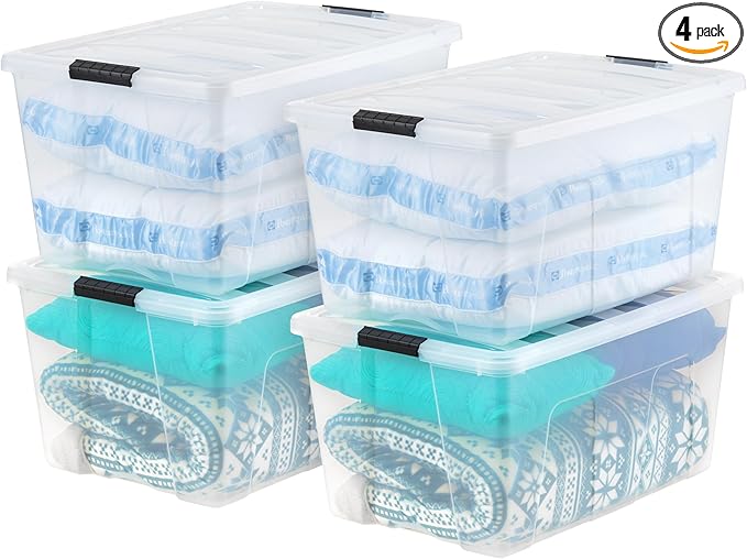 IRIS USA 94 Qt Stackable Plastic Storage Bins with Lids, 4 Pack - BPA-Free, Made in USA - See-Through Organizing Solution, Latches, Durable Nestable Containers, Secure Pull Handle - Clear by IRISUSA