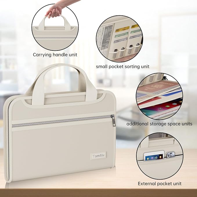Waterproof Fireproof Accordion File Organizer with 13 Pocket Expanding File Folder for Letter A4 Files (Colorful, Pockets, Beige with Handle) - Image 4