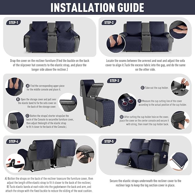 TAOCOCO 100% Waterproof Loveseat Recliner Couch Sofa Covers with Console,Double Reclining Couch Cover Non-Slip Sofa Slipcovers Washable,Furniture Protector Covers for Kids,Pets(2 Seater,Dark Blue) - Image 7