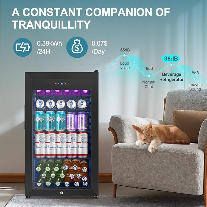 128 Cans Beverage Refrigerator Cooler, 3.2 Cu.Ft Mini Drink Fridge Glass Door for Drink Beer Soda Wine, Small Beer Fridge with 4 Removable Shelves for Kitchen Bedroom, Office Bar Gaming Room, Black - Image 6