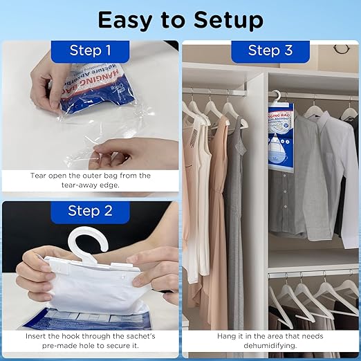 W&E Choice Moisture Absorbers Hanging Bag for Your Closet, Dehumidifier Bags for Bathroom, Fragrance Free Humidity Packs, 6 Pack - Image 10