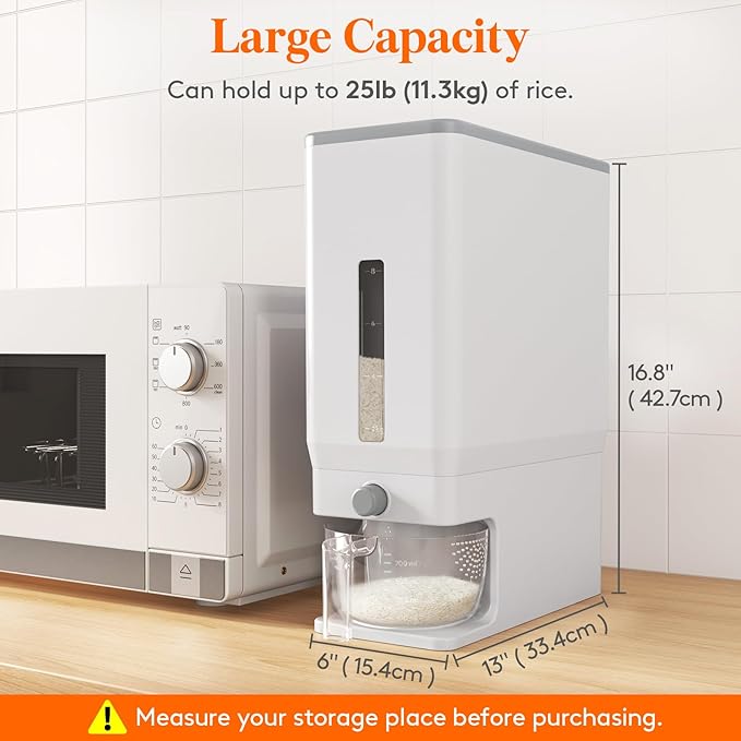 Lifewit Rice Dispenser 25 Lbs(11.3kg), Rice Storage Container Sealed Moisture Proof with Measuring Cup for Kitchen Pantry Household, BPA-Free, 1 Pack White - Image 3