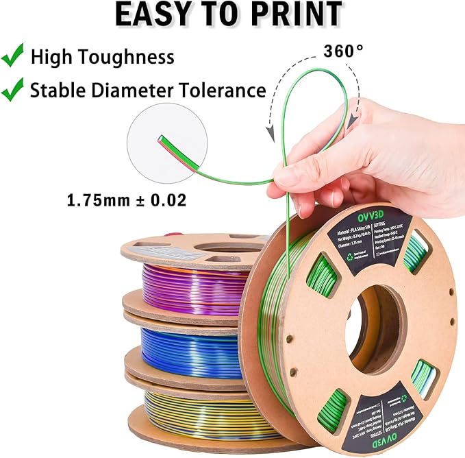 PLA Filament 1.75mm, Tri-Colors 3D Printer Filament, Rainbow PLA Filament Bundle, Coextrusion 3D Filament with Silk PLA Color Change, 3D Printing Filament +/-0.02mm, 200g X 4 Spool - Image 7
