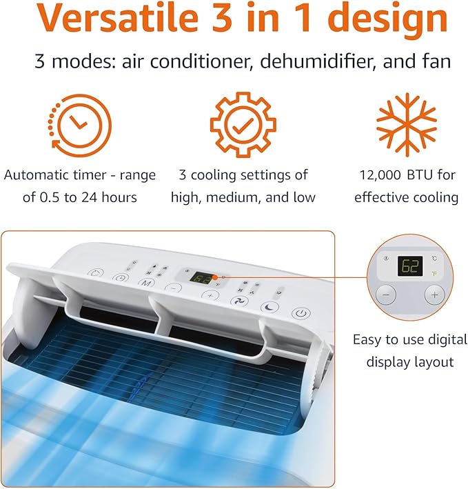 Amazon Basics 3-In-1 Portable Air Conditioner with Follow Me Remote, Timer, Sleep Mode, Auto Swing, Dehumidifier, 12000 BTU (ASHRAE), Cools Up to 550 Sqf Bedroom, White - Image 3