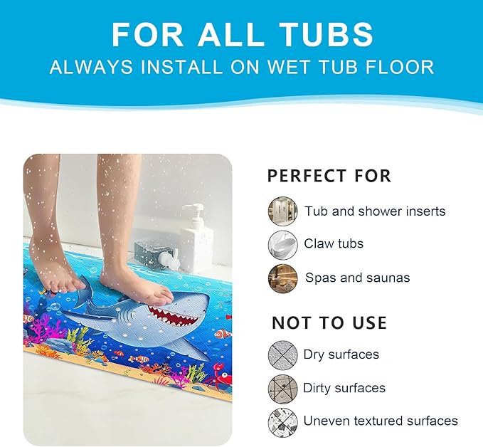 XIYUNTE Baby Bath Mat for Tub Non Slip Kids Bath Mat - 40''x16'' Extra Long Cartoon Shark Baby Bath Tub Mat Eco-Friendly Toddler Bath Mats with Suction Cups & Drain Holes, Easy to Clean & Easy Drying - Image 7