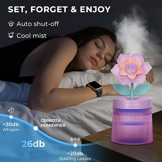 Cute Flower Mini Humidifier, 260ml Gardenia Desktop Humidifiers for Bedroom, Portable Small Cool Mist Humidification for Home, Baby Nursery, Office & Indoor Plants, USB Powered (Purple) - Image 4