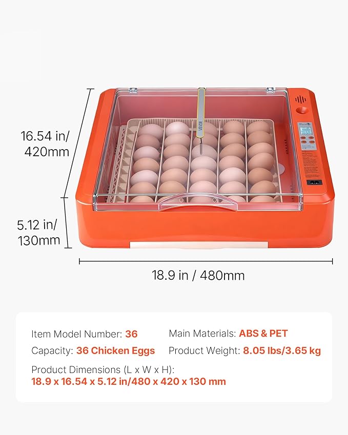 VEVOR 36 Egg Incubator, Automatic Egg Turner with LED Candler & Water Tray, Temperature & Humidity Control, 360° View Clear Window, Poultry Eggs Incubators for Hatching Chicks Ducks Goose Quails - Image 7