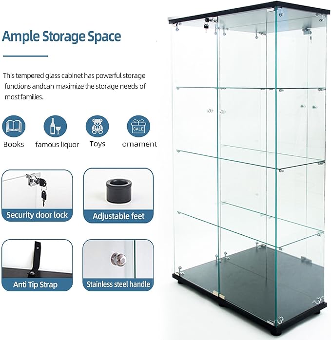 Yoluckea 4 Tiers Glass Display Cabinet with Bluetooth LED Light Strip, 2 Doors Floor Standing Curio Cabinet with Adjustable Feet and Mirror Back Panel, Black Glass Bookshelf for Collections, Wood Top - Image 4