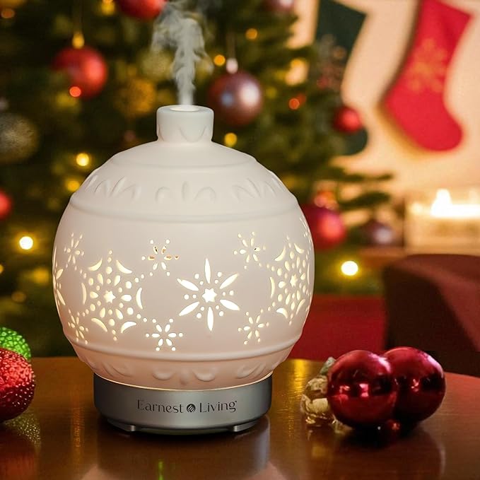 Earnest Living Christmas Ball Essential Oil Diffuser White Ceramic 100 ml Diffuser Home Décor, 7 Color Lights, Timers, Auto Off Cool Mist Humidifier Aromatherapy Diffuser by EarnestLiving