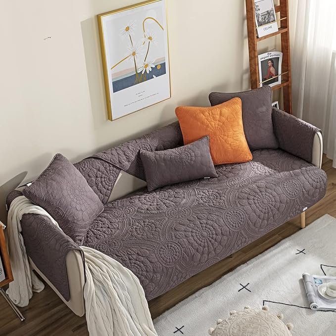 vctops Boho Circle Embroidery Couch Sofa Cover Solid Color Cotton Quilted Non-Slip Sectional Couch Covers Sofa Slipcover for Dogs, Children, Pets Furniture Protector (Dark Grey,43"x82") - Image 4