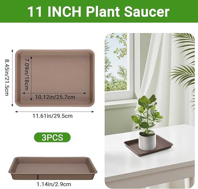 GREANER Brown Plant Saucers for Indoors, 11 Inch Heavy Duty Seedling Starter Trays No Holes, Pebble Tray for Plant Humidity(Set of 3) - Image 2
