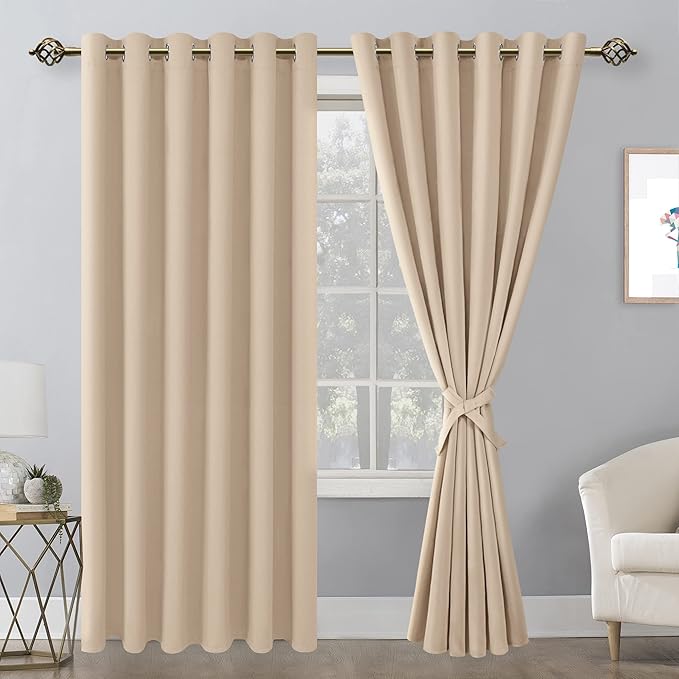 Hiasan Grommet Blackout Curtains for Bedroom, 70 x 84 Inches - Thermal Insulated & Light Blocking Window Drapes for Living Room/Dorm Room, Set of 2 Panels Sewn with Tiebacks, Beige - Image 2