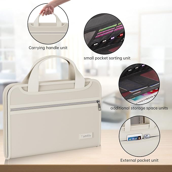 Tamfile Fireproof Accordion File Organizer with Handle, 13 Pocket Expanding File Folder with Zipper & Labels, File Folder with Multi-Pockets Paper Organizer Folder for Letter A4 Files, Beige - Image 5